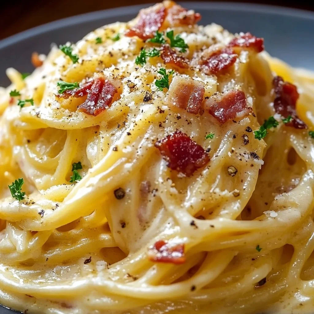 Plate of authentic carbonara with creamy sauce and pancetta
