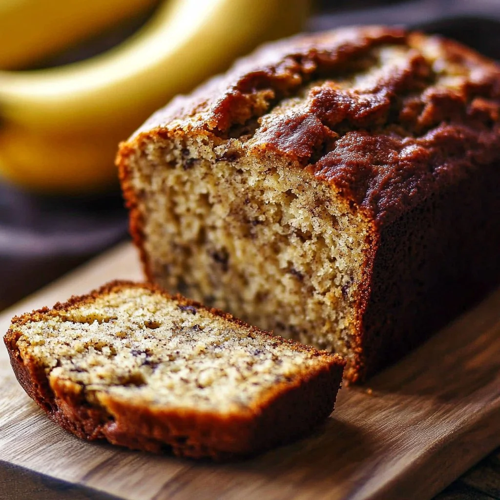 Freshly baked banana bread with ripe bananas and a golden crust
