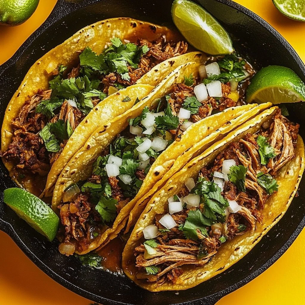 Delicious birria tacos served on a plate with vibrant toppings