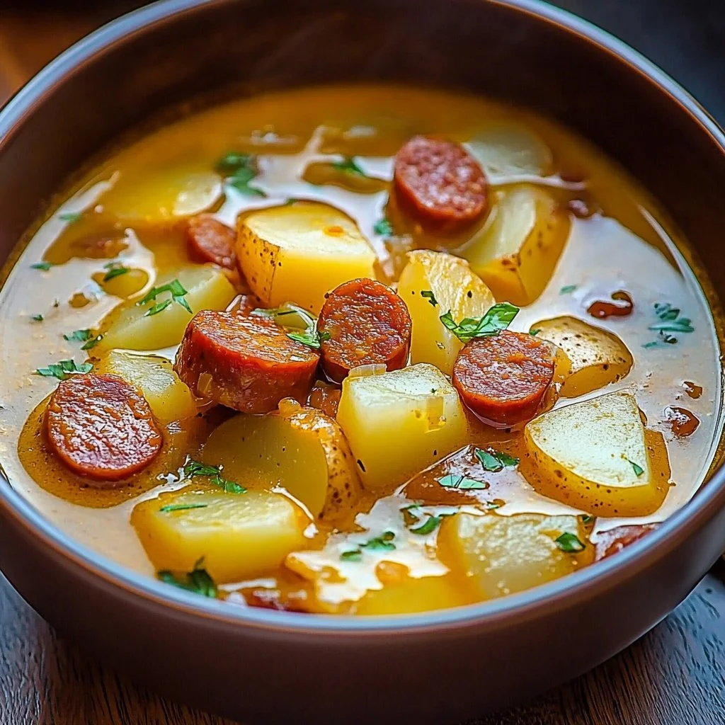 A delicious bowl of creamy Cajun Potato Soup garnished with herbs.