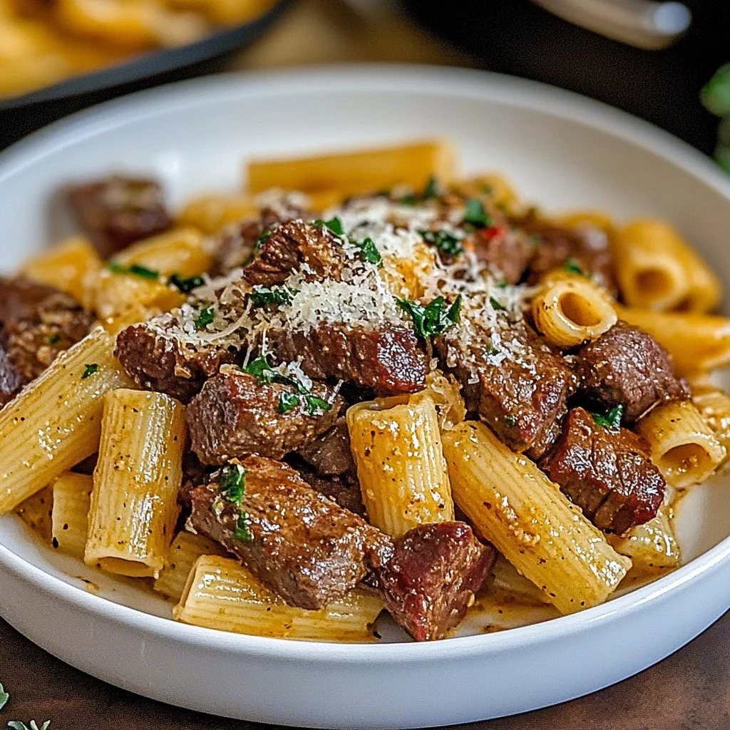 Cajun steak tips served with Parmesan rigatoni in a delicious dish.