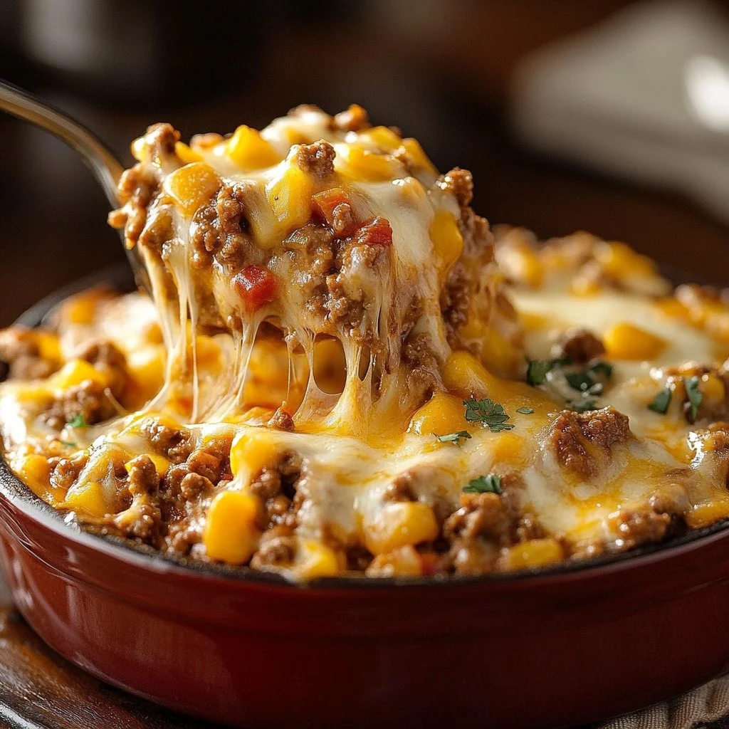 Delicious Cattle Drive Casserole served in a rustic dish.