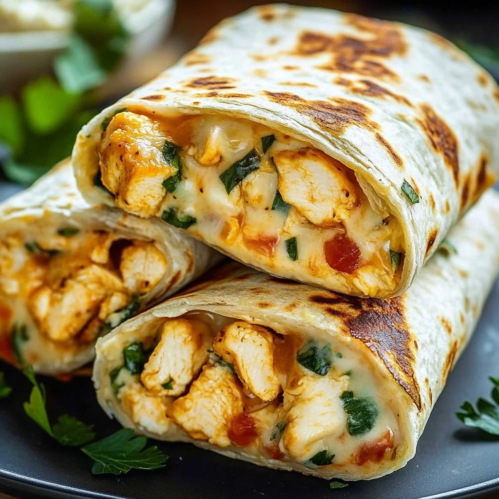 Cheesy Garlic Chicken Wraps on a plate with fresh ingredients