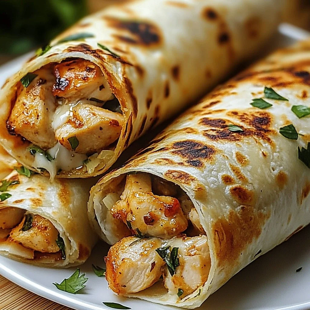 Delicious Cheesy Garlic Chicken Wraps filled with melted cheese and garlic.