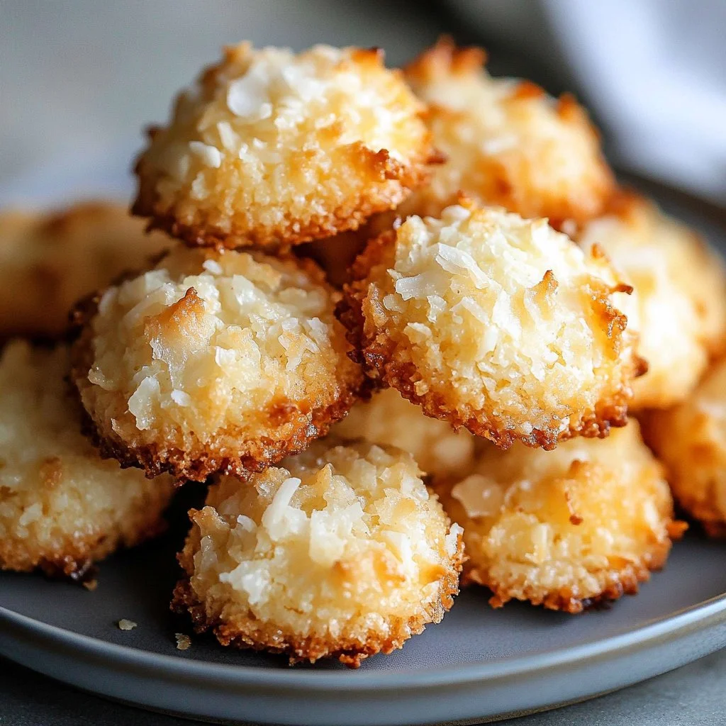 Delicious chewy coconut cookies served on a plate