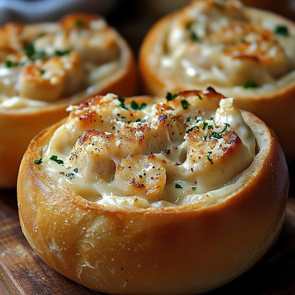 Chicken Alfredo served in garlic bread bowls, a delicious and creative meal