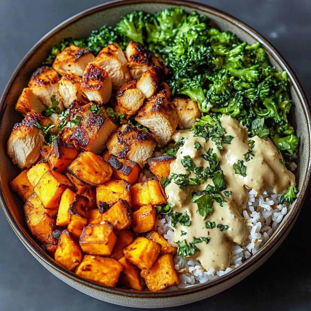 Healthy chicken and sweet potato bowls for a nutritious meal.