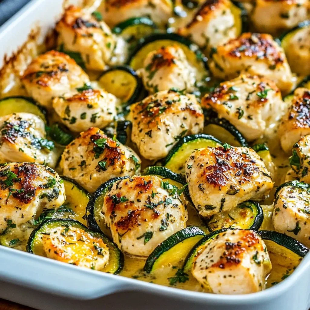 Delicious chicken zucchini bake in a casserole dish topped with herbs