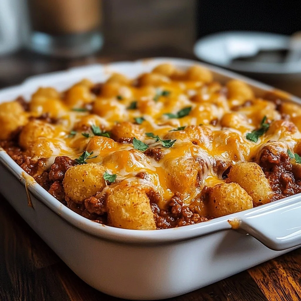 Delicious Chili Cheese Tater Tot Casserole served in a baking dish