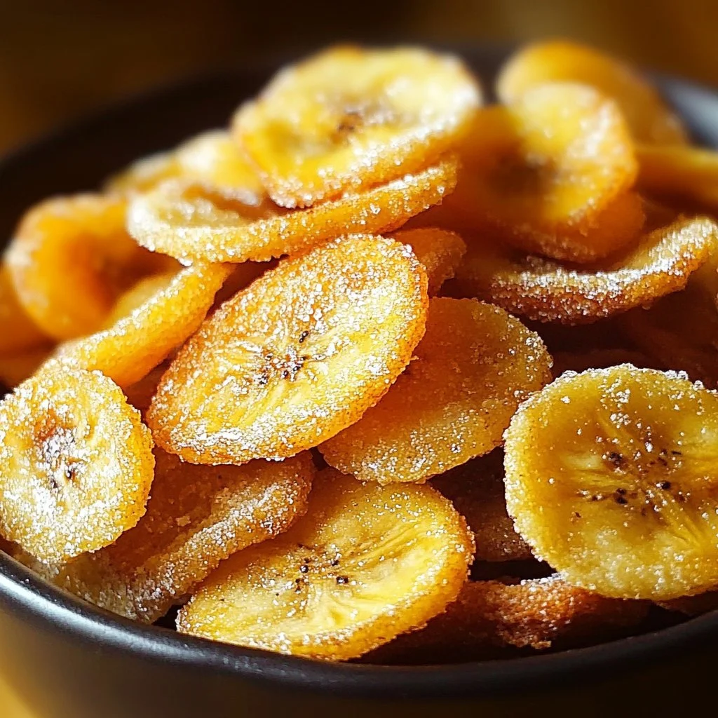 Bowl of cinnamon-sugar air fryer banana chips ready to enjoy