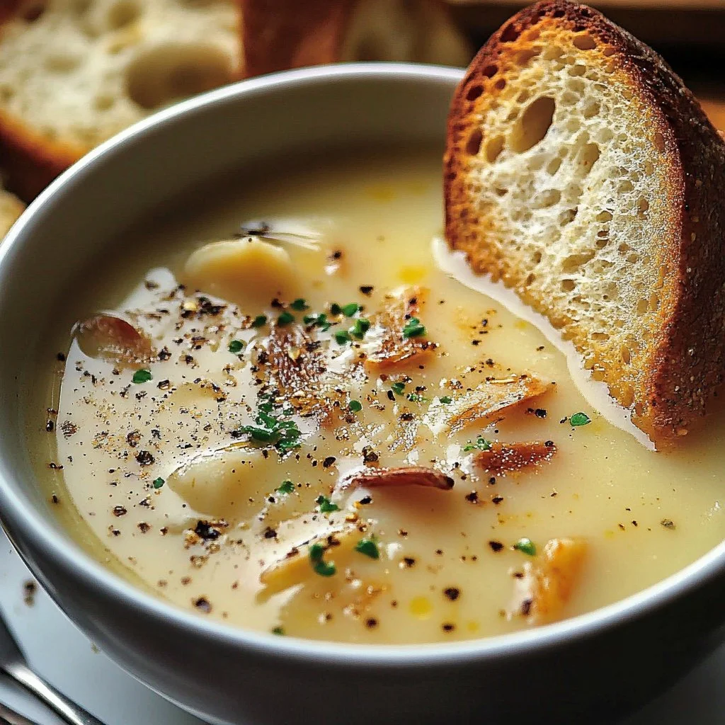 Bowl of Country French Style Garlic Soup with fresh herbs and garlic