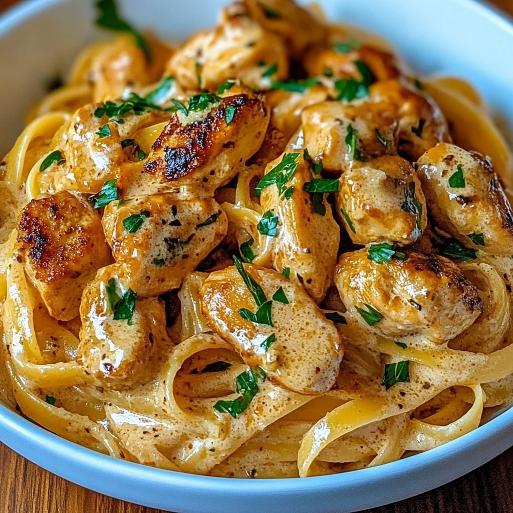 Plate of creamy Cowboy Butter Chicken Linguine with herbs and spices