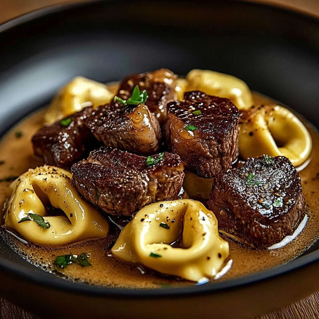 Delicious Cracked Garlic Steak Tortellini in Creamhouse Sauce served in a bowl.