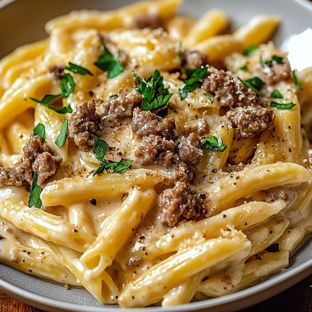 Creamy Beef Pasta served in a bowl with herbs on top