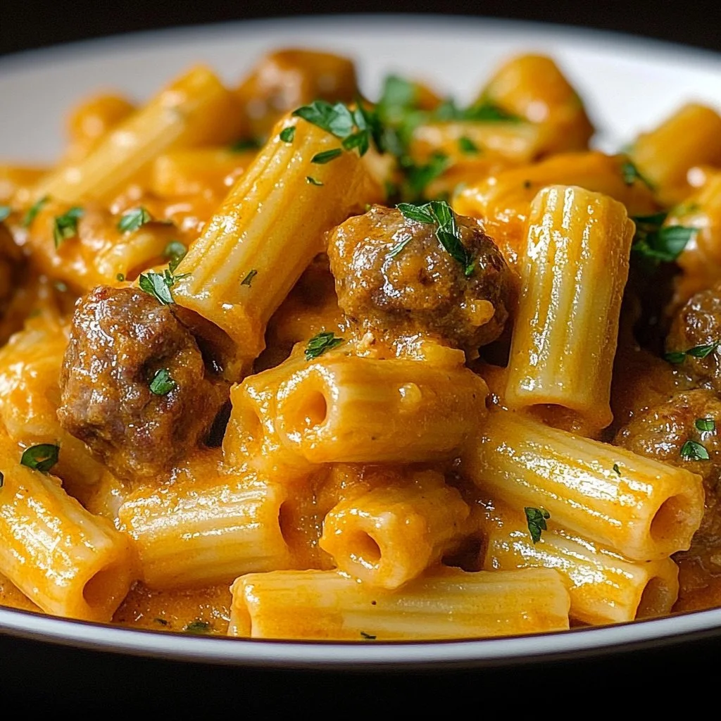 Creamy Italian sausage rigatoni served in a bowl with herbs on top.