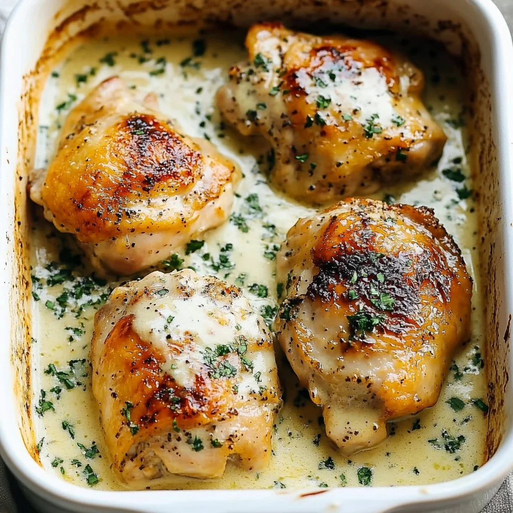 Creamy oven baked chicken thighs served on a plate with garnishing.