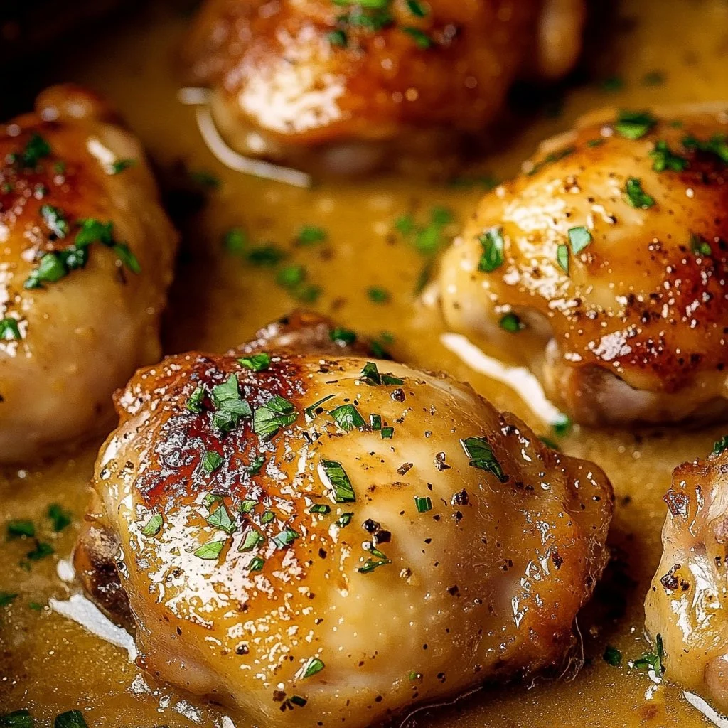 Creamy oven baked chicken thighs topped with herbs and spices