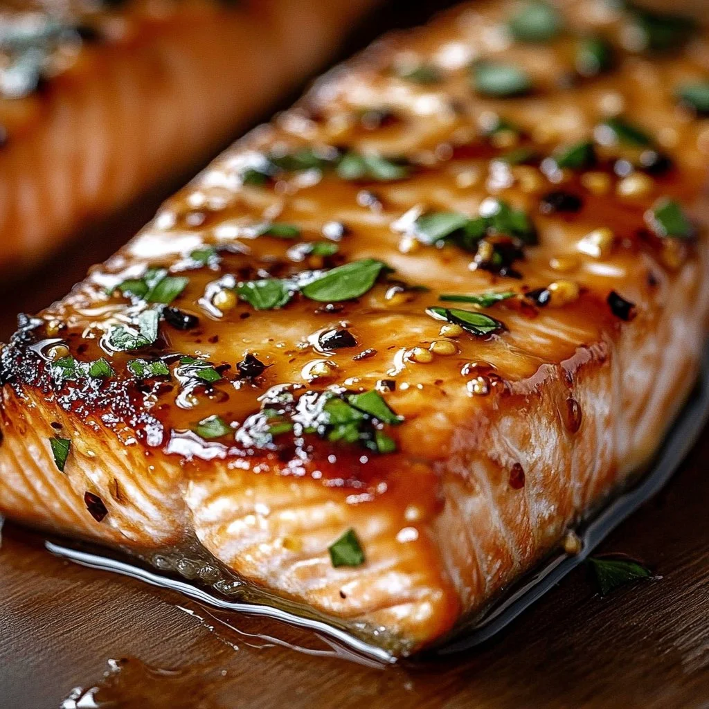 Crispy honey garlic glazed salmon on a plate