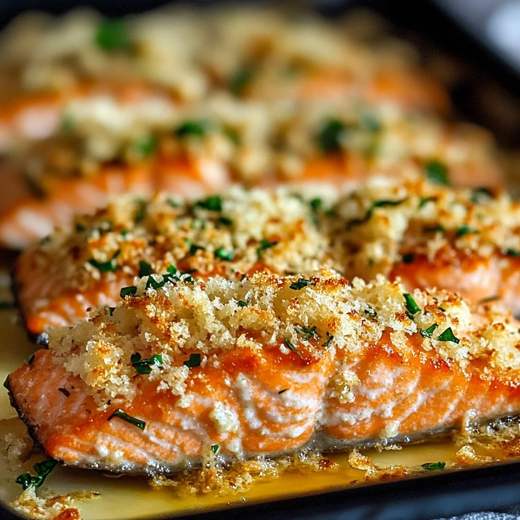 Crispy Parmesan Salmon Bake served on a plate with fresh herbs