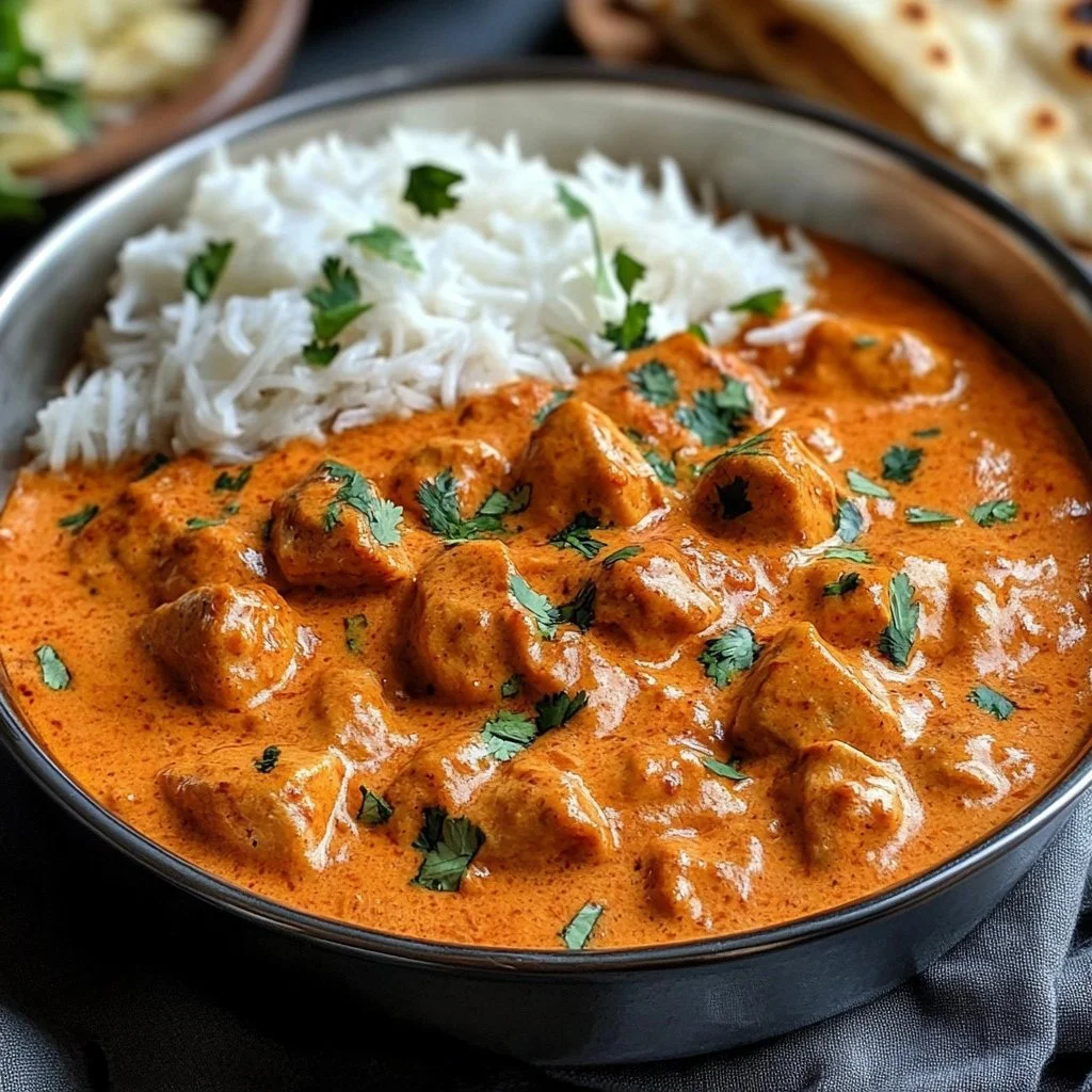 Delicious homemade butter chicken in a rich, creamy sauce served with rice.