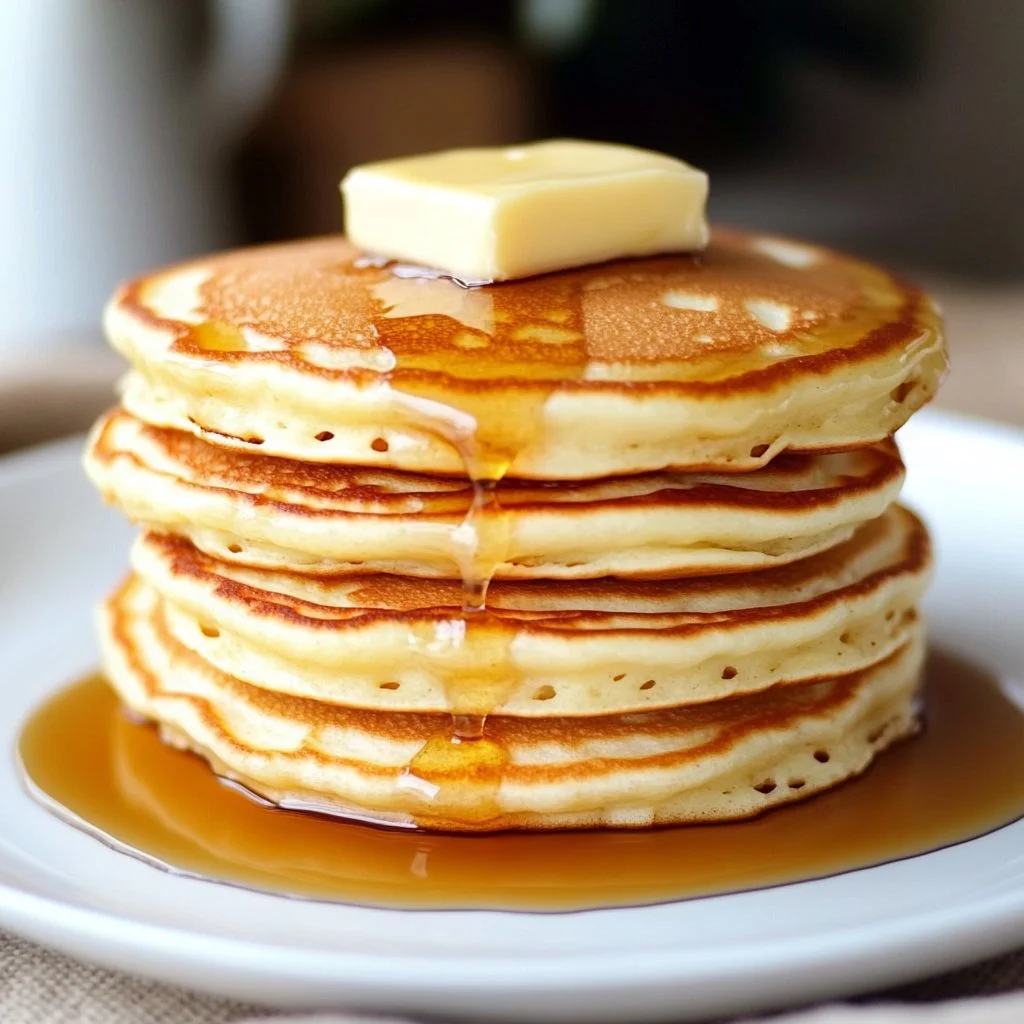 Fluffy homemade pancakes stacked on a plate with syrup and berries