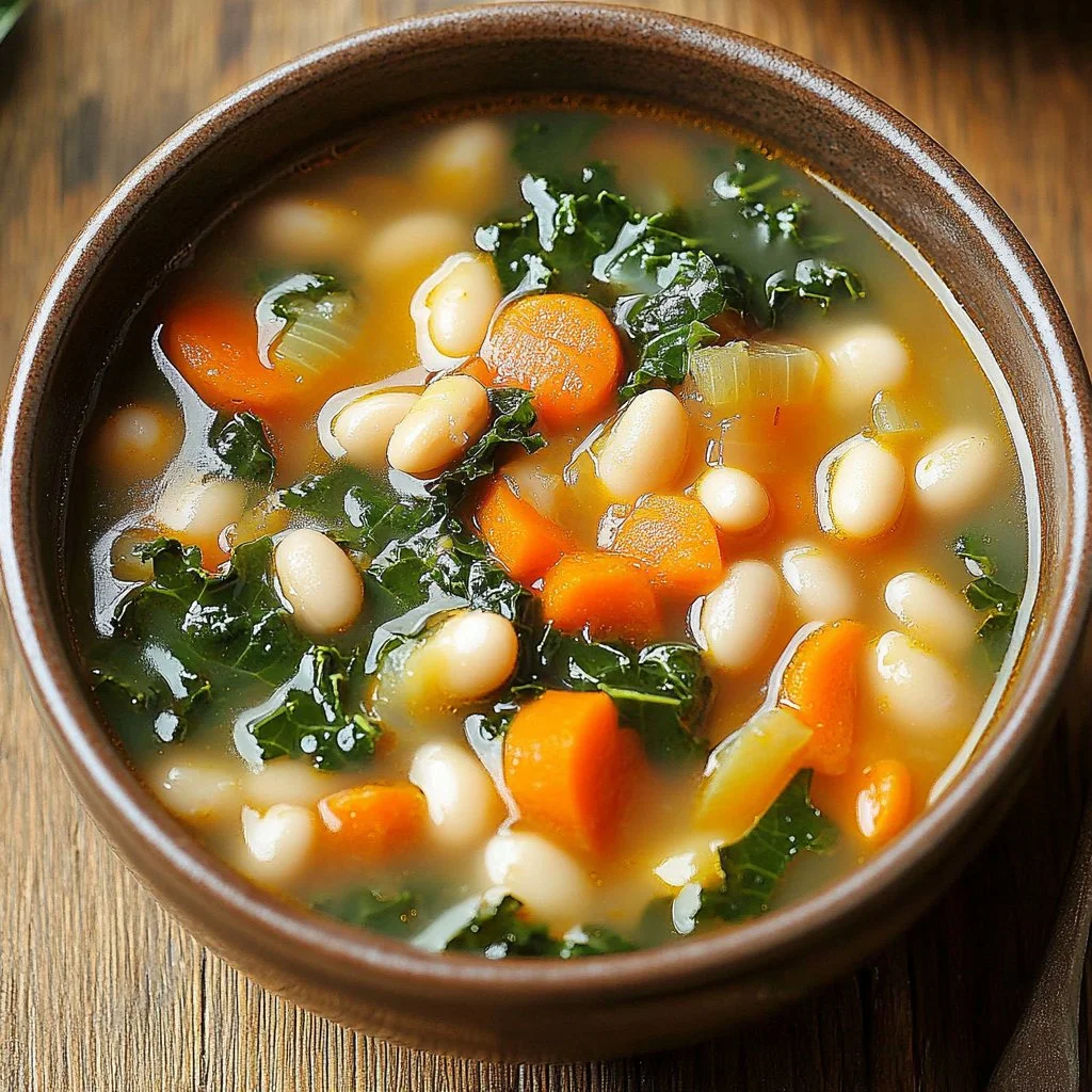 A bowl of flavor-packed white bean soup topped with fresh herbs