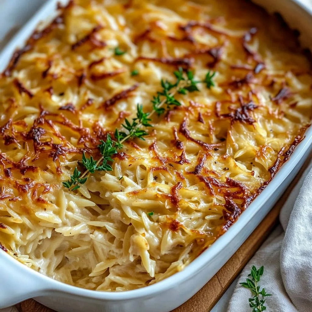 Delicious French onion chicken orzo casserole served in a baking dish