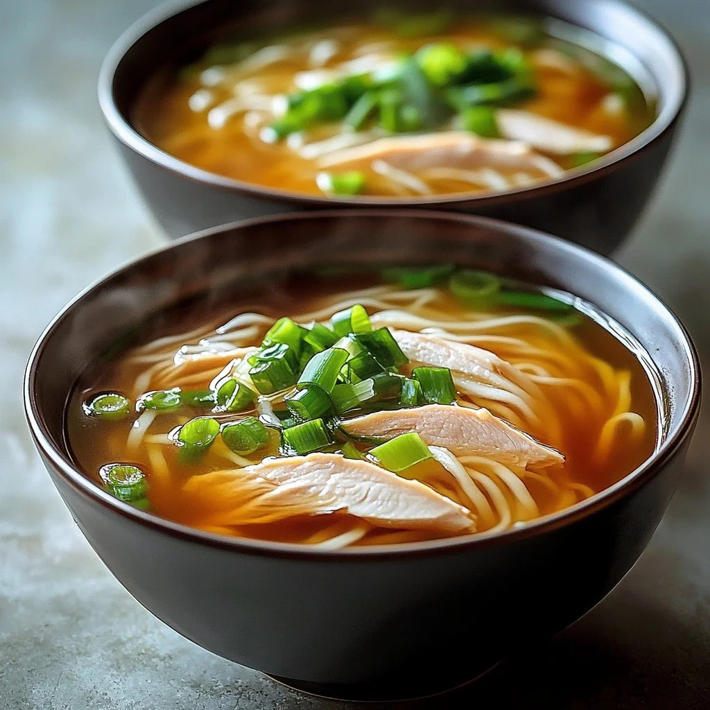 Bowl of Ginger Garlic Chicken Noodle Soup with fresh herbs and noodles