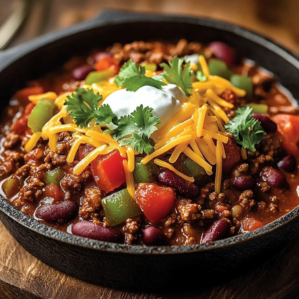 Delicious Ground Beef Stovetop Chili in a bowl with toppings