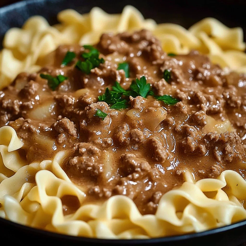 Ground Beef Stroganoff served in a bowl with mushrooms and noodles