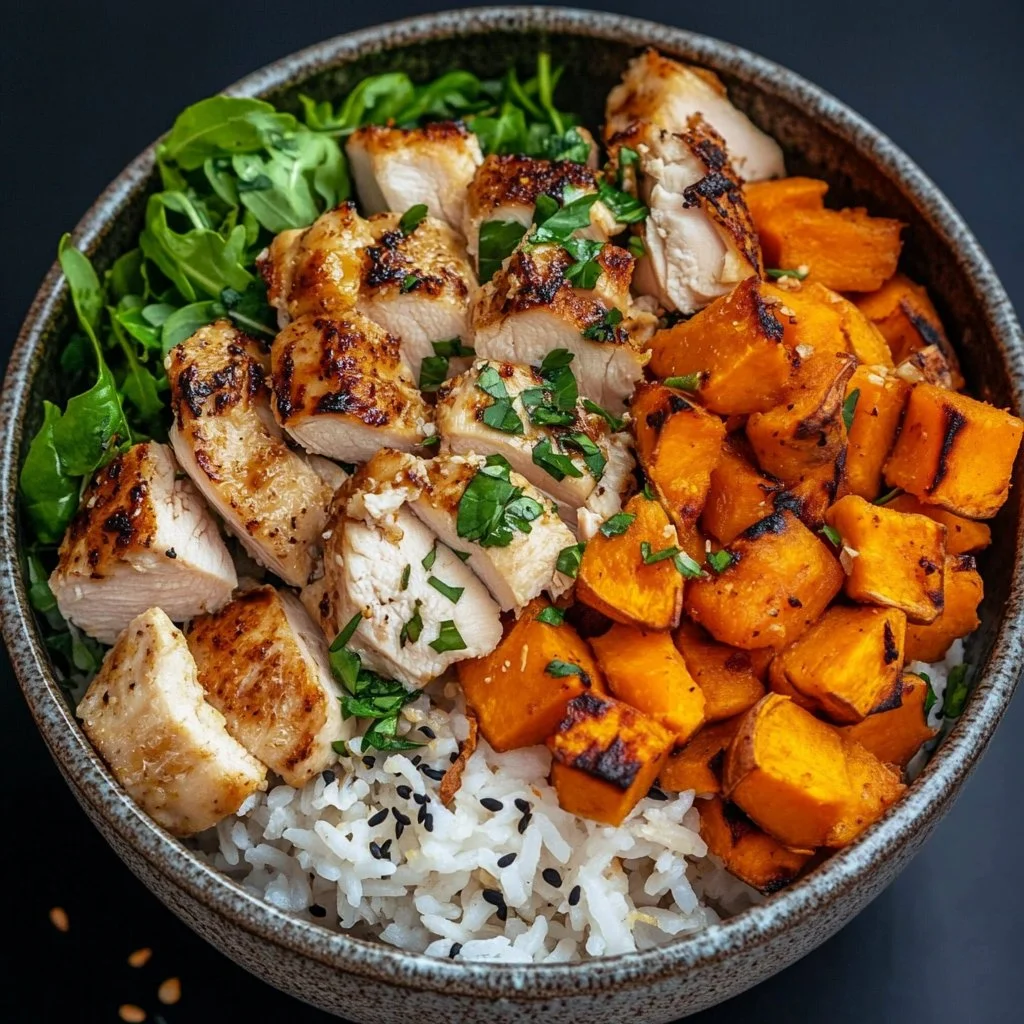 Healthy chicken and sweet potato rice bowl packed with nutrients and flavor.