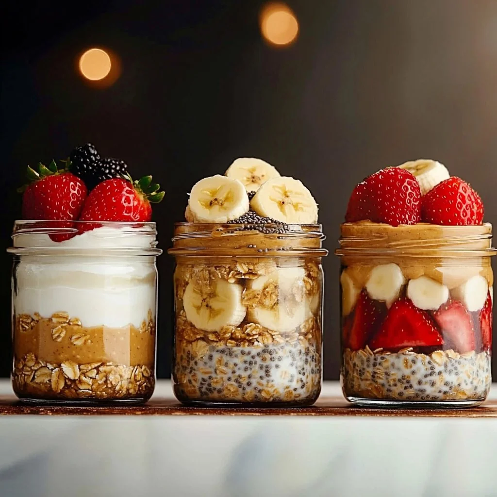 Bowl of high-protein overnight oats topped with fruits and nuts