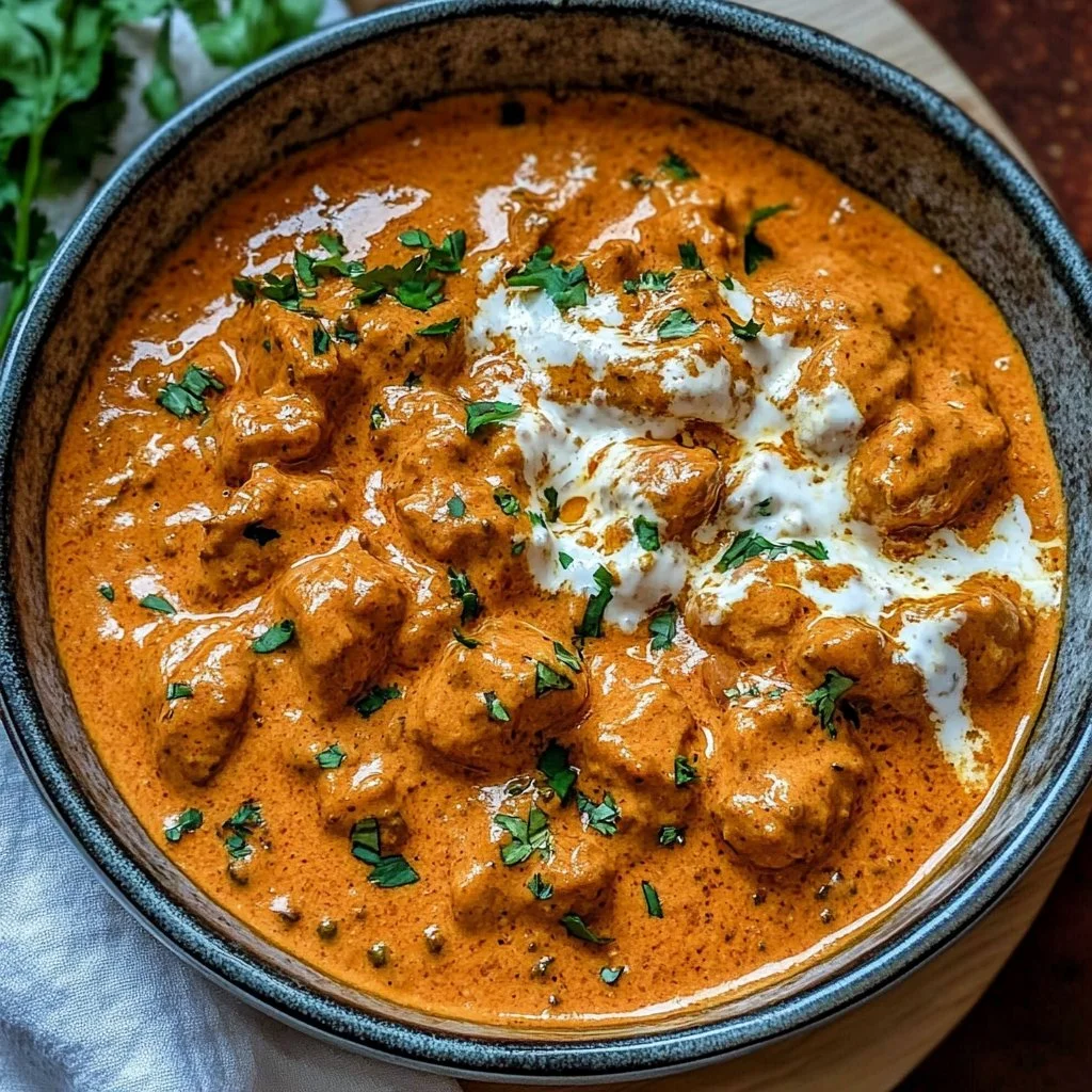 Bowl of homemade butter chicken with rice and garnish.