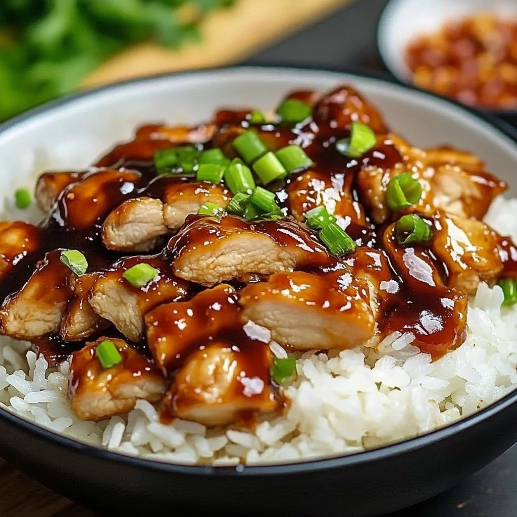 Plate of Honey BBQ Chicken over rice with fresh vegetables