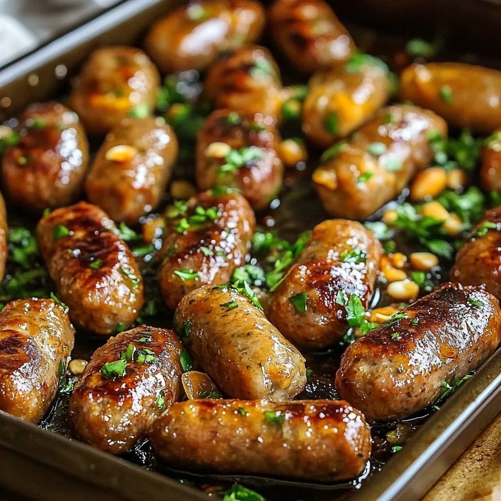 Honey Garlic Sausage cooked on a sheet pan with vegetables