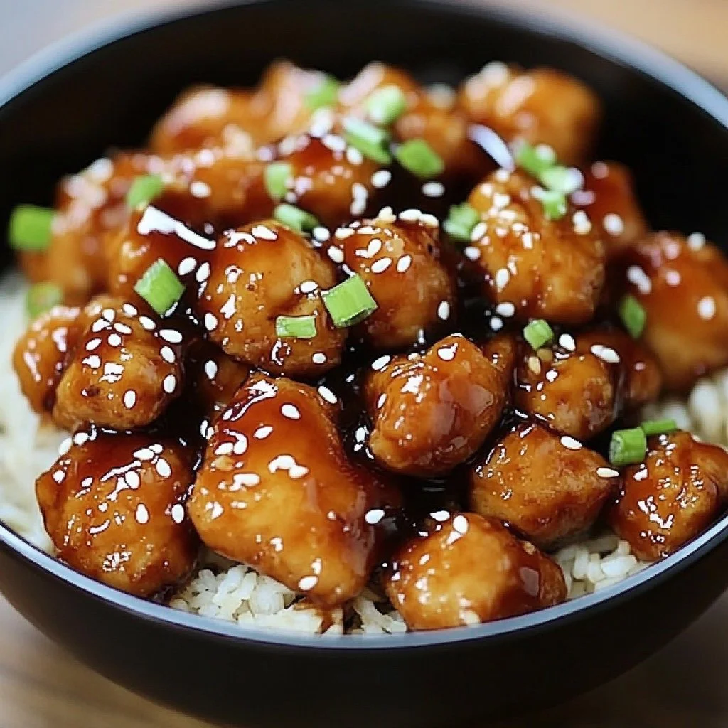 Plate of delicious Honey Sesame Chicken with sesame seeds and vegetables.