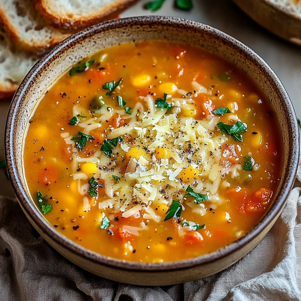 A bowl of Italian Penicillin Soup garnished with herbs and served with crusty bread.