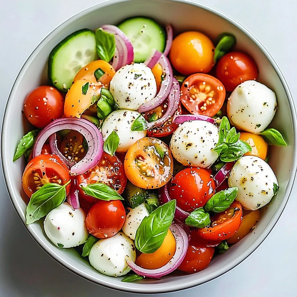 Juicy Cucumber Caprese Salad with fresh basil and mozzarella