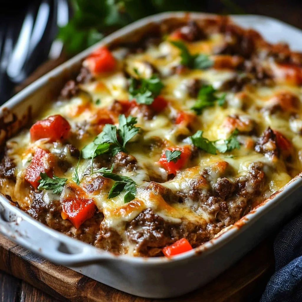 Low Carb Philly Cheesesteak Casserole topped with cheese and peppers