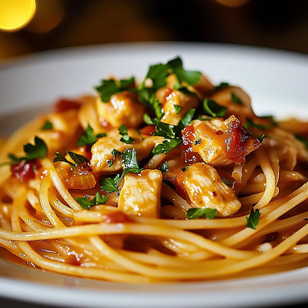 A mouthwatering plate of Monterey Chicken Spaghetti featuring tender chicken and vibrant pasta.