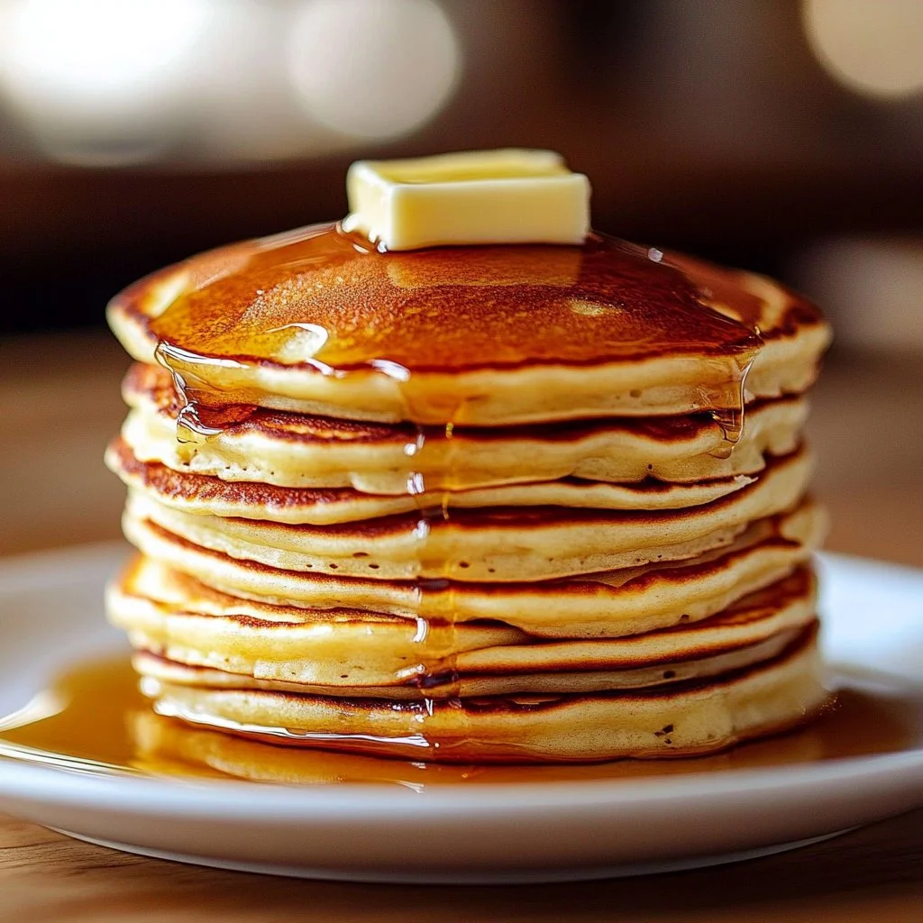Stack of fluffy old-fashioned pancakes served with syrup and butter