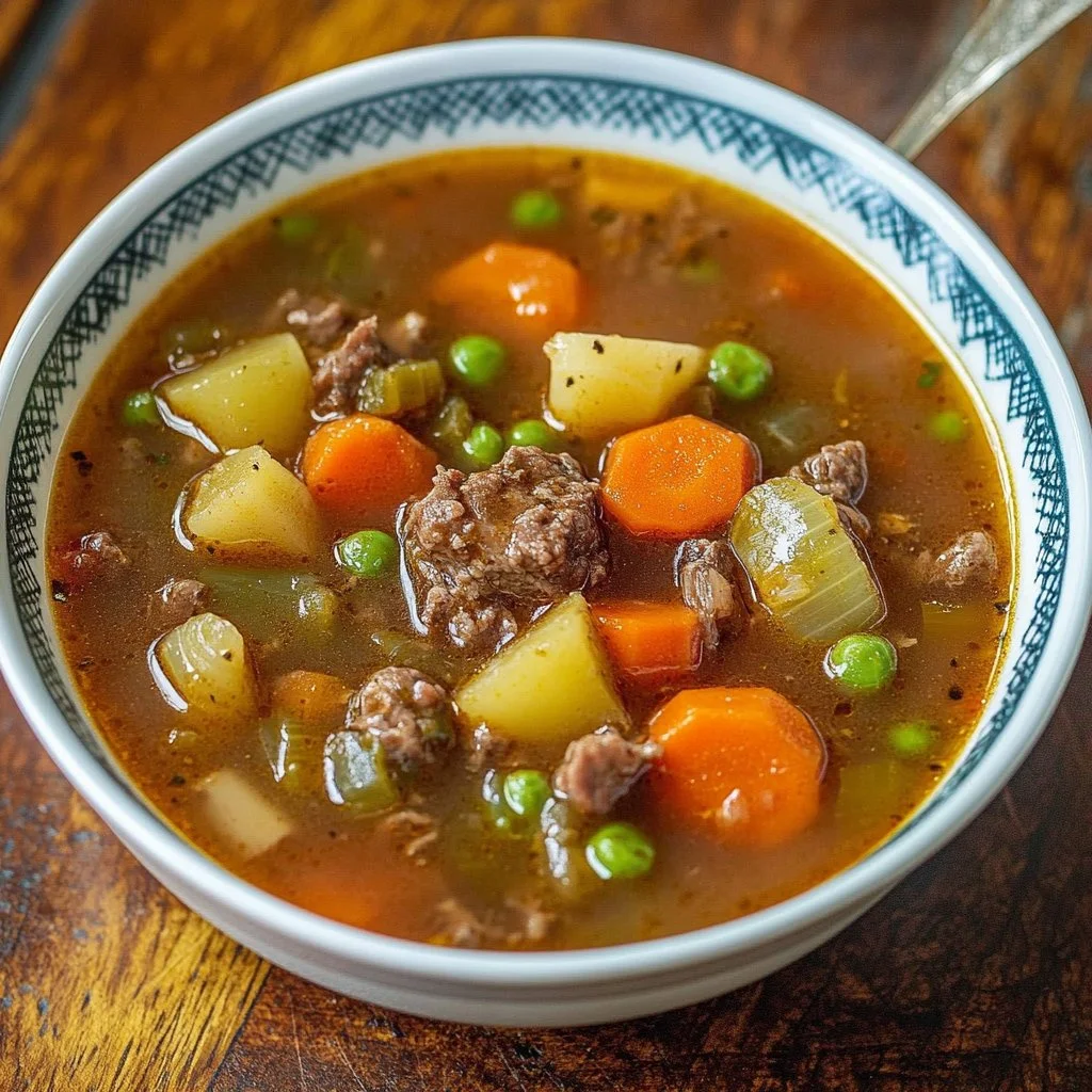Bowl of old-fashioned vegetable beef soup with fresh vegetables and tender beef.