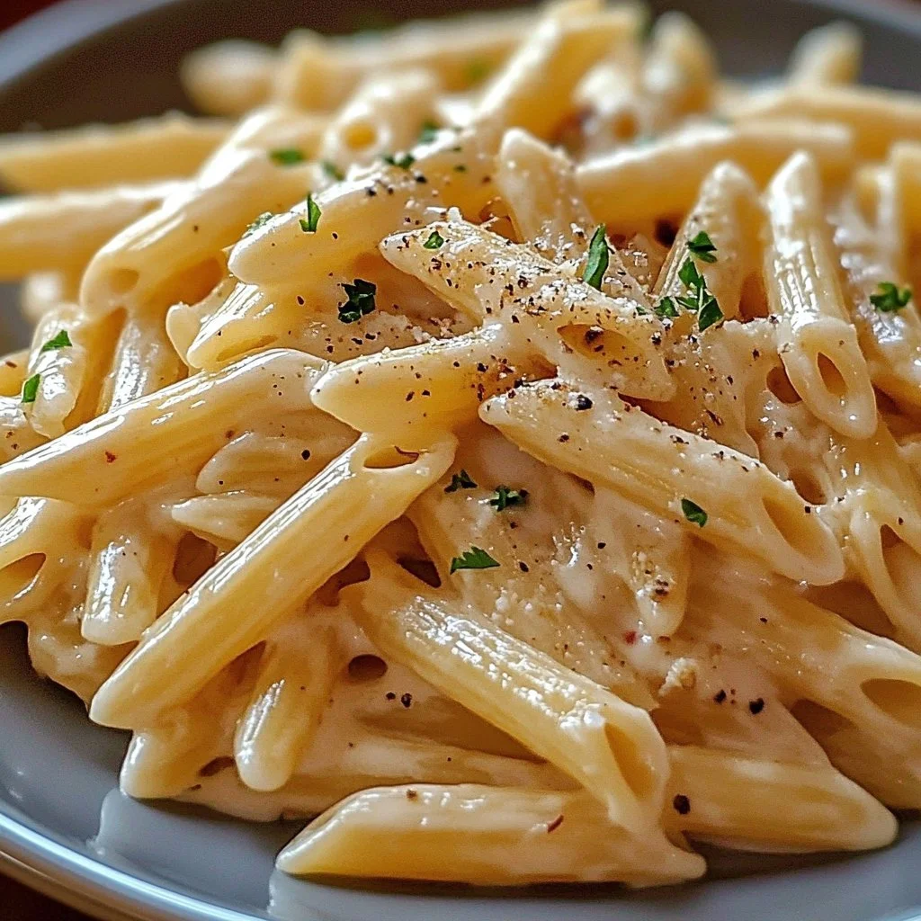 One pot creamy garlic pasta dish with herbs and spices