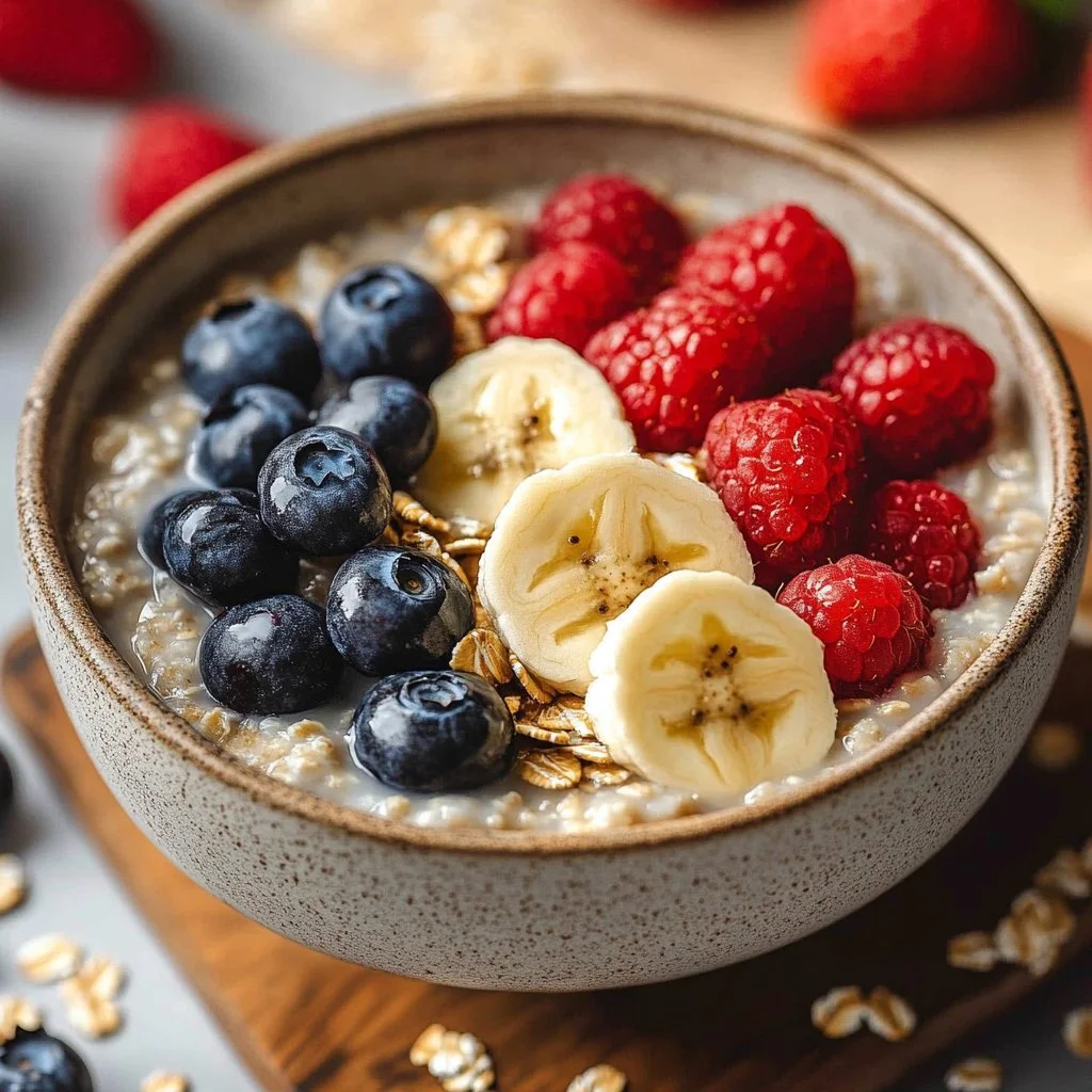 A bowl of overnight oats topped with fruits and nuts for a healthy breakfast