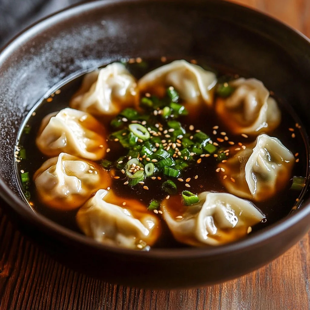 Bowl of comforting potsticker soup with dumplings and vegetables
