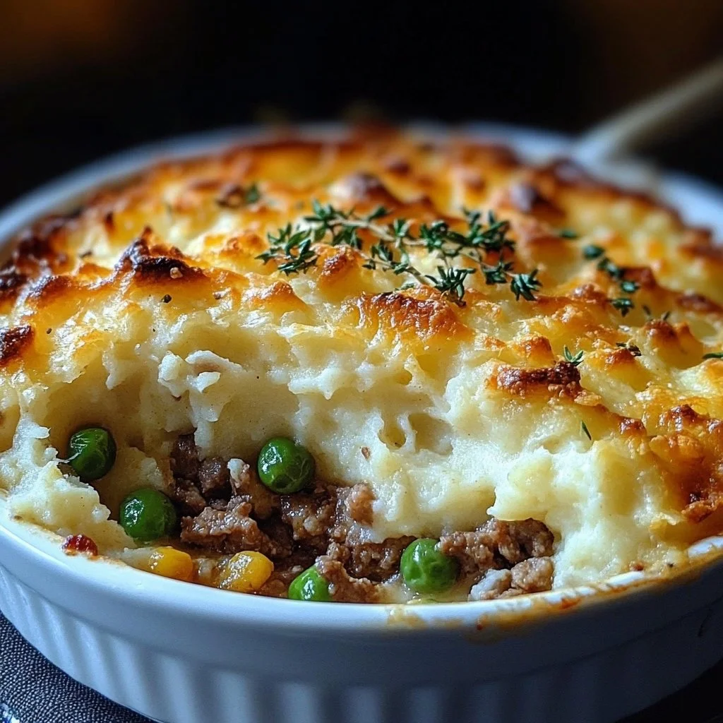 Delicious Shepherd's Pie Casserole served in a dish with golden mashed potatoes