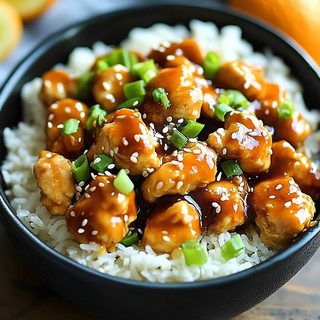 Delicious slow cooker orange chicken served with rice and vegetables
