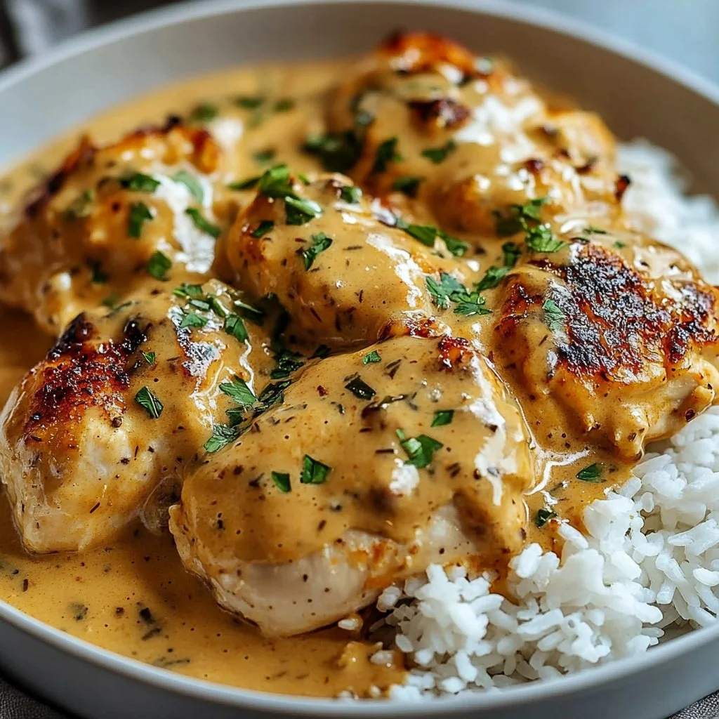 Plate of smothered chicken served over rice with a rich gravy