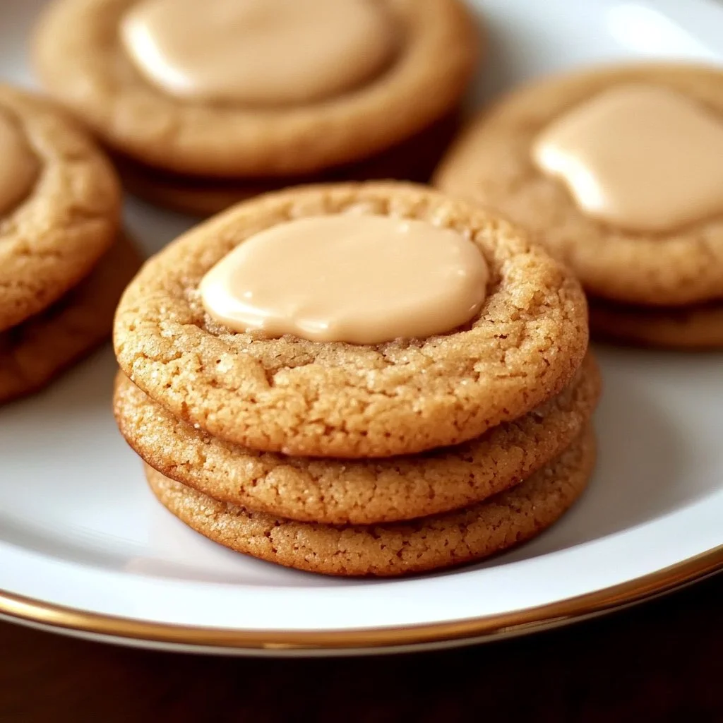Soft brown sugar maple cookies on a plate, garnished with maple syrup.