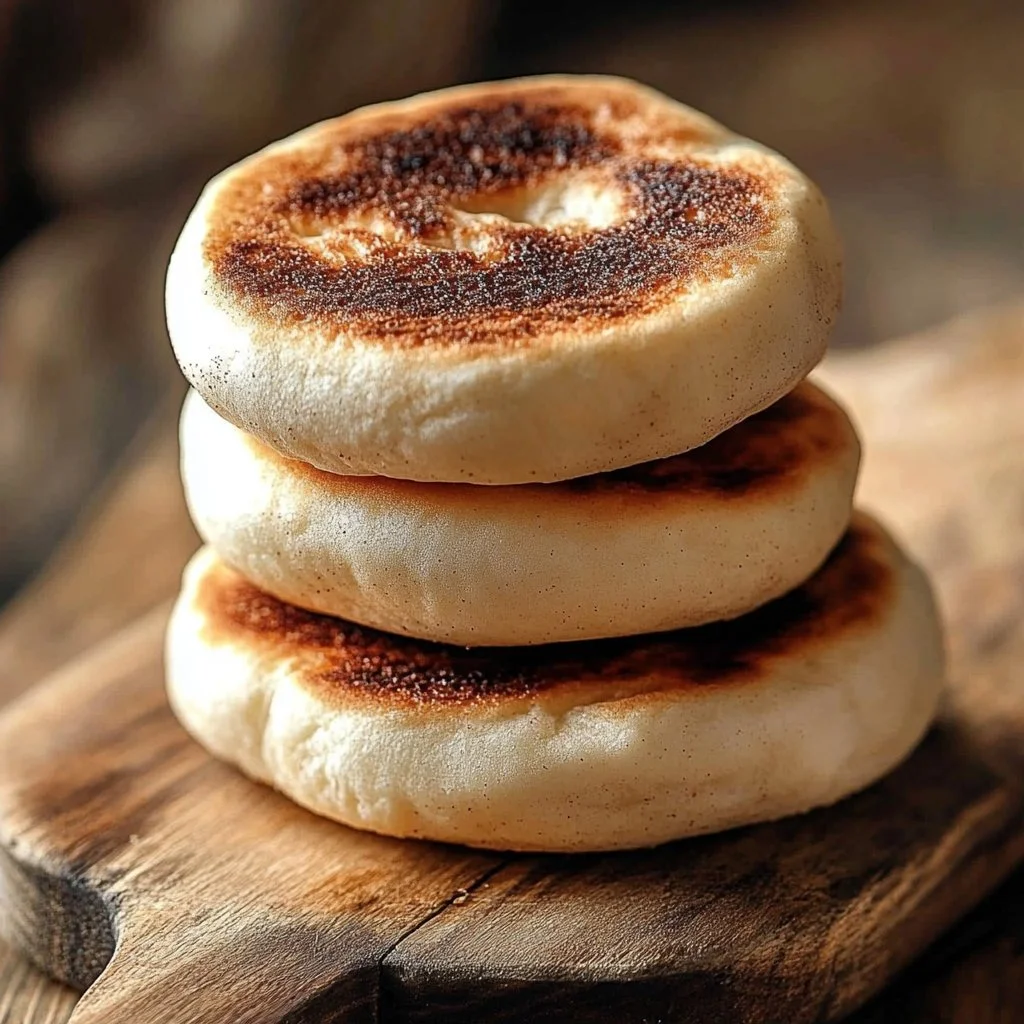 Homemade sourdough English muffins stacked on a wooden board